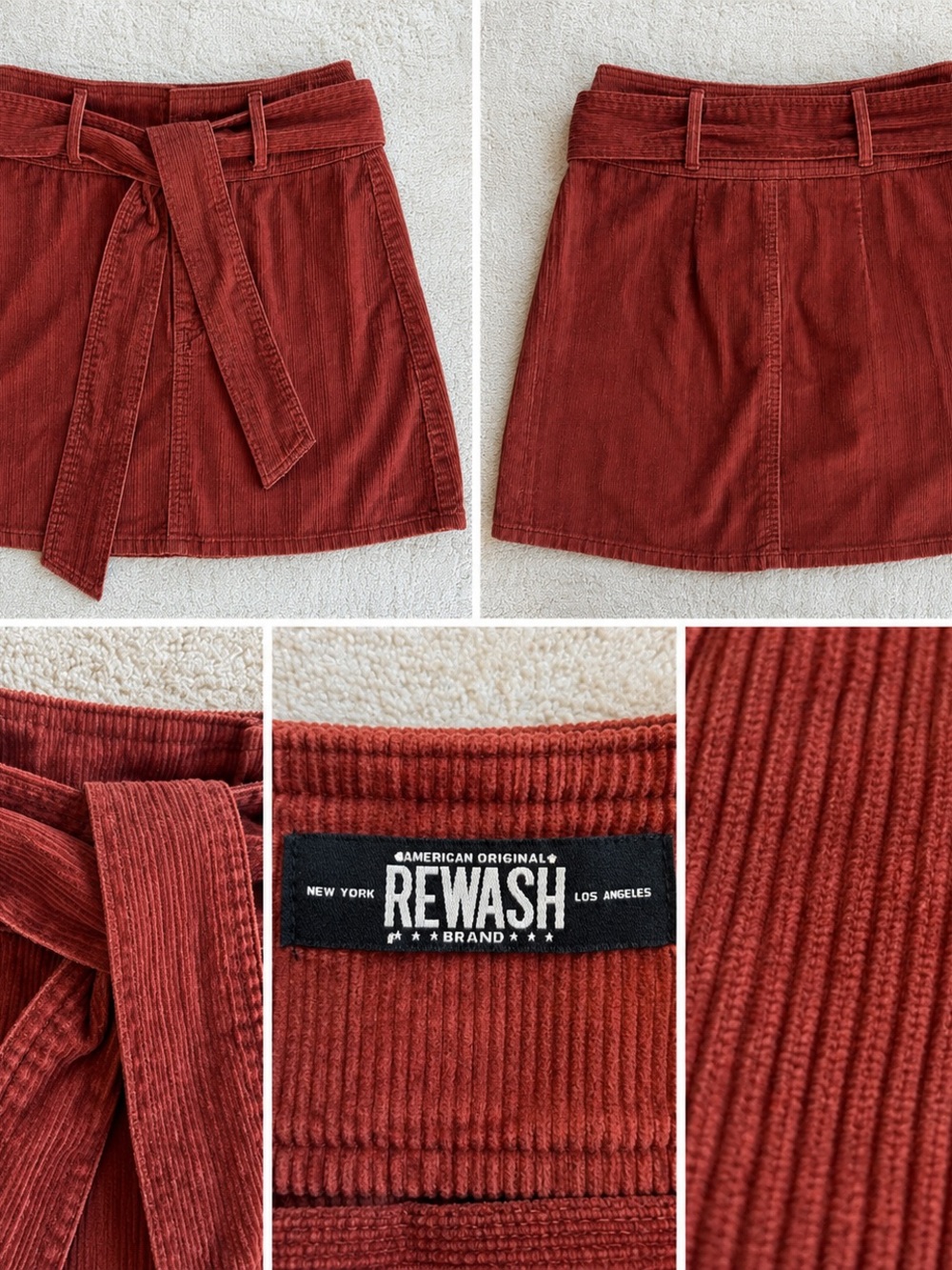 Rewash Rust Red Corduroy Tie-Waist Mini Skirt